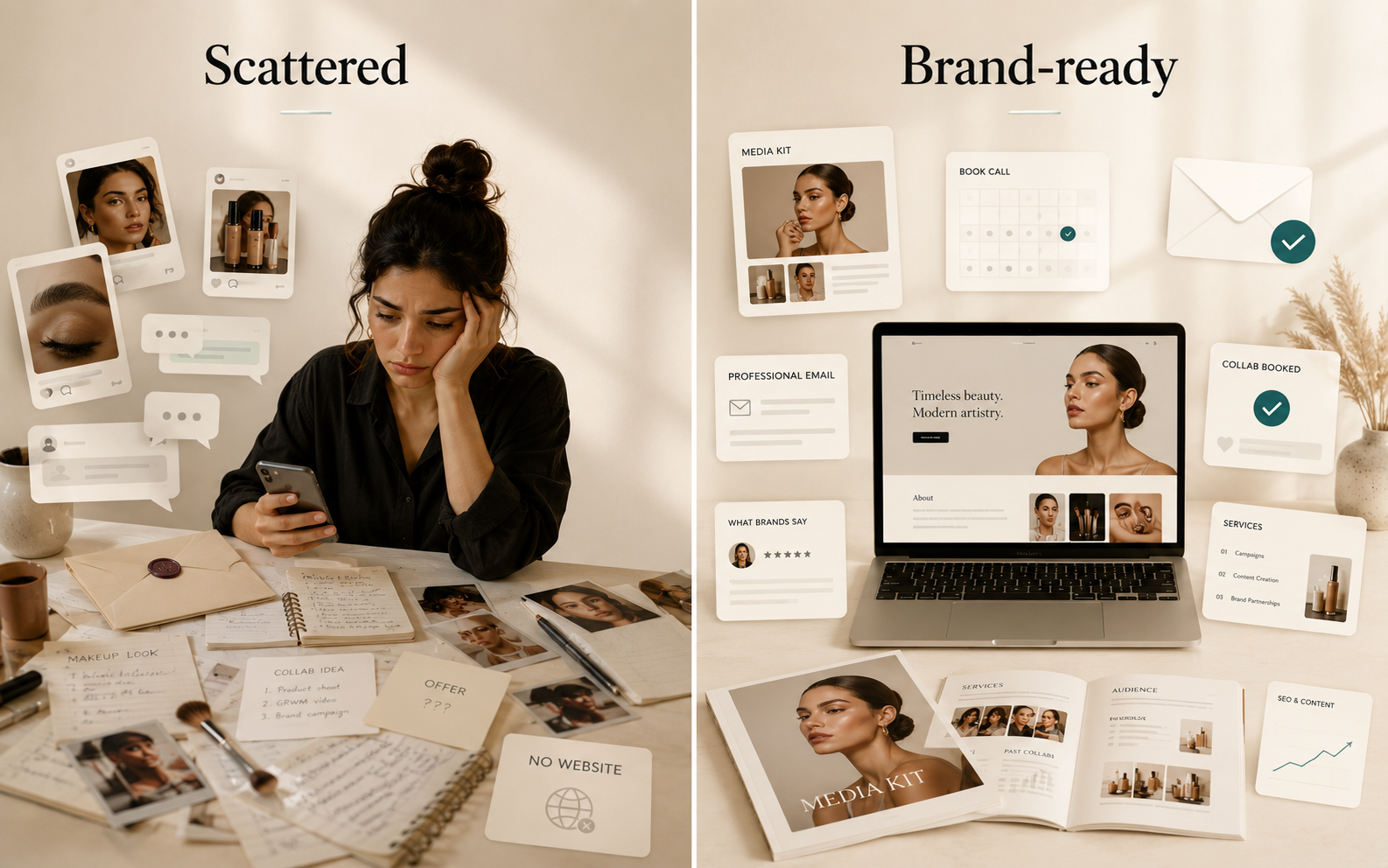 Before and after image showing a scattered online presence becoming brand-ready with a website, media kit, booking, proof, and collaboration assets.