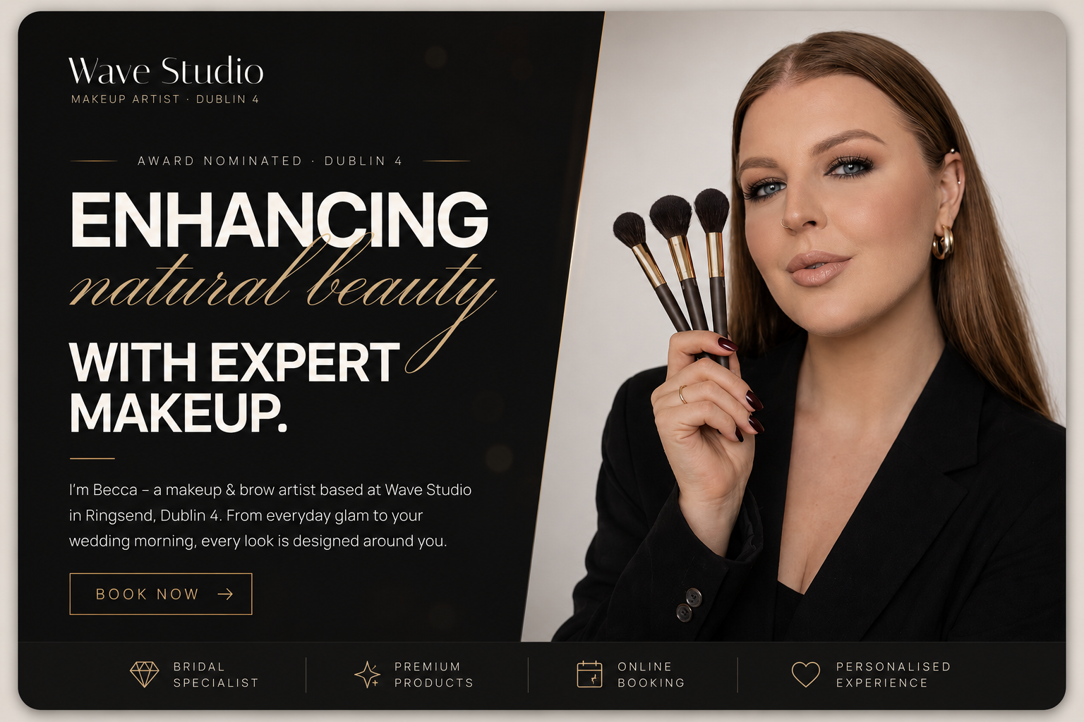 Wave Studio website thumbnail showing a polished beauty-service homepage with premium styling and a clear booking call to action.